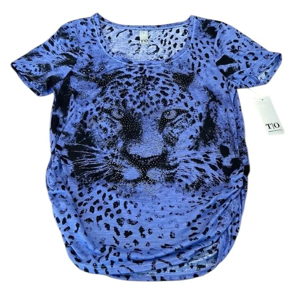 NWT Thomas & Olivia szS Lustry lavender SS leopard print studded rouched Tshirt